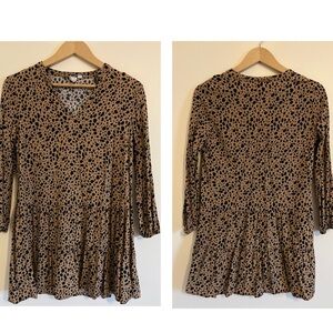 Gap Women Dress Small Leopard Brown Puff Sleeve Tiered‎ Peplum Flowy Boho